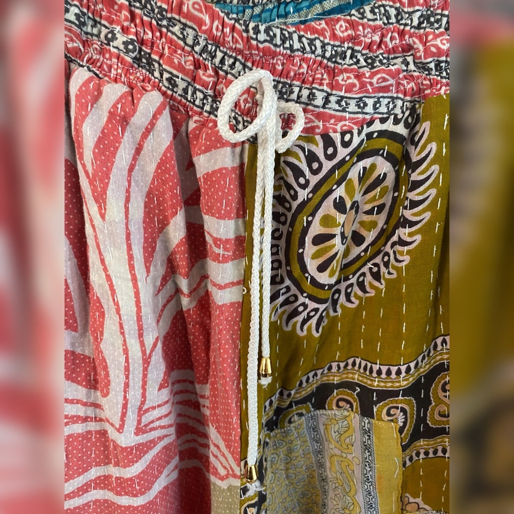 🌺 Kantha Wide-Leg Patchwork Pants | Handmade Cotton Sari | Boho Hippie Lounge OS - Picture 6 of 7